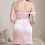 Summer Sexy Strap Low Back Pink Draped Short Cocktail Dress