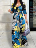 Spring & Autumn Women's Fashion Elegant Wrap V-Neck Half-Sleeve Print Belt Maxi Dress