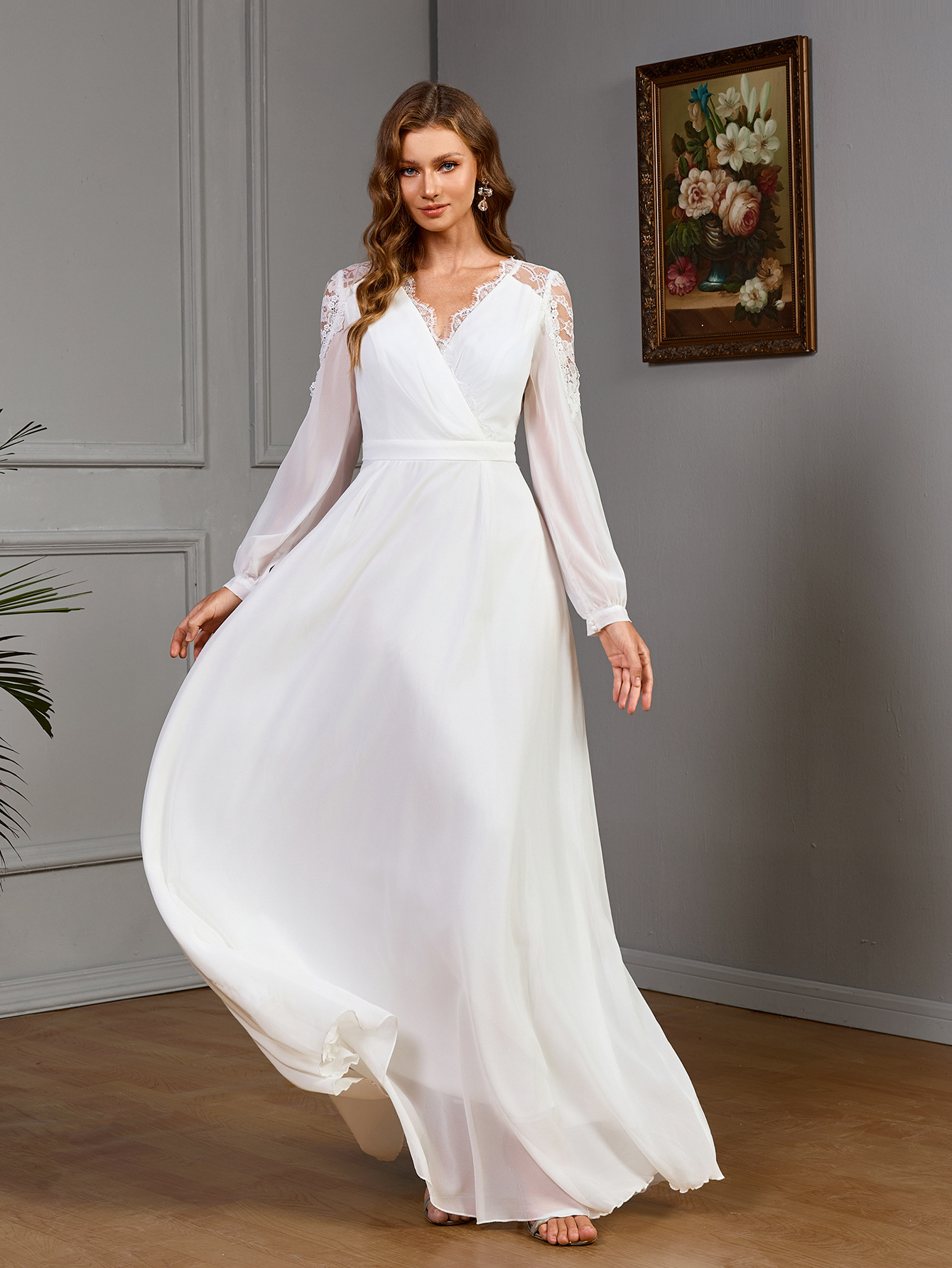 Lace Patchwork Long Slim Waist Elegant Evening Dress Chiffon Wedding Gown