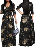 Spring & Autumn Women's Fashion Elegant Wrap V-Neck Half-Sleeve Print Belt Maxi Dress