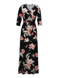 Spring & Autumn Women's Fashion Elegant Wrap V-Neck Half-Sleeve Print Belt Maxi Dress