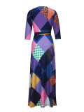 Spring & Autumn Women's Fashion Elegant Wrap V-Neck Half-Sleeve Print Belt Maxi Dress