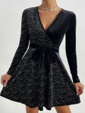 Spring Women's Fashion Elegant Long-Sleeve V-Neck Sequin Dress
