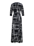 Spring & Autumn Women's Fashion Elegant Wrap V-Neck Half-Sleeve Print Belt Maxi Dress