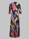 Spring & Autumn Women's Fashion Elegant Wrap V-Neck Half-Sleeve Print Belt Maxi Dress