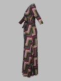 Spring & Autumn Women's Fashion Elegant Wrap V-Neck Half-Sleeve Print Belt Maxi Dress