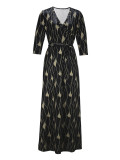 Spring & Autumn Women's Fashion Elegant Wrap V-Neck Half-Sleeve Print Belt Maxi Dress