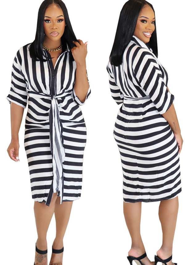 Summer Black & White Striped Slim Waist Tie Casual Shirt Dress