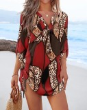 Spring & Autumn Fashion Print V-Neck Side Drawstring Short Dress