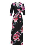 Spring & Autumn Women's Fashion Elegant Wrap V-Neck Half-Sleeve Print Belt Maxi Dress