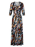 Spring & Autumn Women's Fashion Elegant Wrap V-Neck Half-Sleeve Print Belt Maxi Dress