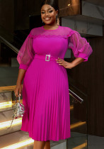 Plus Size Mesh Patchwork Lantern Formal Party Dress Career A-Line Pleated Dress