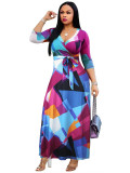 Spring & Autumn Women's Fashion Elegant Wrap V-Neck Half-Sleeve Print Belt Maxi Dress