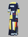 Spring & Autumn Women's Fashion Elegant Wrap V-Neck Half-Sleeve Print Belt Maxi Dress