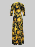 Spring & Autumn Women's Fashion Elegant Wrap V-Neck Half-Sleeve Print Belt Maxi Dress