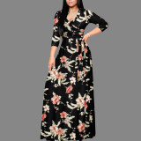 Spring & Autumn Women's Fashion Elegant Wrap V-Neck Half-Sleeve Print Belt Maxi Dress