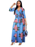 Spring & Autumn Women's Fashion Elegant Wrap V-Neck Half-Sleeve Print Belt Maxi Dress