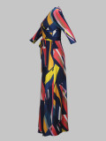 Spring & Autumn Women's Fashion Elegant Wrap V-Neck Half-Sleeve Print Belt Maxi Dress