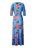 Spring & Autumn Women's Fashion Elegant Wrap V-Neck Half-Sleeve Print Belt Maxi Dress