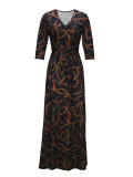 Spring & Autumn Women's Fashion Elegant Wrap V-Neck Half-Sleeve Print Belt Maxi Dress