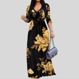 Spring & Autumn Women's Fashion Elegant Wrap V-Neck Half-Sleeve Print Belt Maxi Dress
