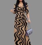 Spring & Autumn Women's Fashion Elegant Wrap V-Neck Half-Sleeve Print Belt Maxi Dress