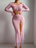 See Through Mesh Long-Sleeve Sexy Crop Top Slit Skirt Set