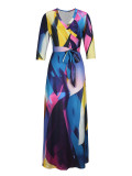 Spring & Autumn Women's Fashion Elegant Wrap V-Neck Half-Sleeve Print Belt Maxi Dress