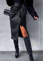 Fashion High Waist Slit Sexy PU Leather Tie-Waist Skirt
