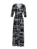 Spring & Autumn Women's Fashion Elegant Wrap V-Neck Half-Sleeve Print Belt Maxi Dress