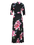 Spring & Autumn Women's Fashion Elegant Wrap V-Neck Half-Sleeve Print Belt Maxi Dress