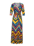 Spring & Autumn Women's Fashion Elegant Wrap V-Neck Half-Sleeve Print Belt Maxi Dress