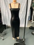 Spring & Summer Fashion Strappy Slim Waist Bodycon Back Slit Midi PU Dress