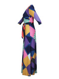 Spring & Autumn Women's Fashion Elegant Wrap V-Neck Half-Sleeve Print Belt Maxi Dress