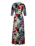 Spring & Autumn Women's Fashion Elegant Wrap V-Neck Half-Sleeve Print Belt Maxi Dress