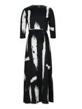 Spring & Autumn Women's Fashion Elegant Wrap V-Neck Half-Sleeve Print Belt Maxi Dress