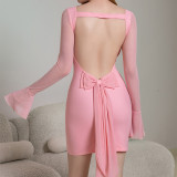 Mesh Bell Sleeve Sexy Low Back Bow Detail Short Dress