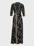 Spring & Autumn Women's Fashion Elegant Wrap V-Neck Half-Sleeve Print Belt Maxi Dress
