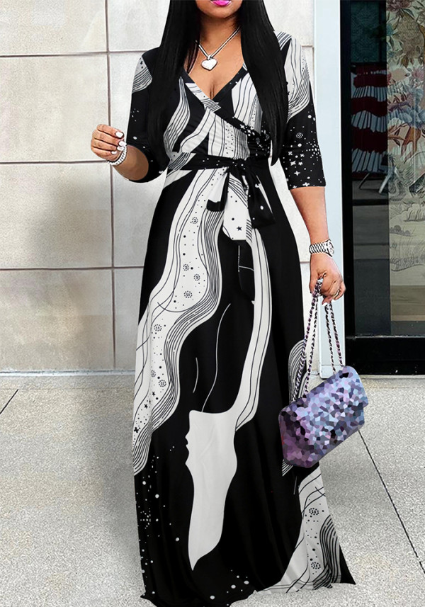 Spring Summer & Autumn Women's Fashion Elegant V-Neck Half-Sleeve Casual Long Dress