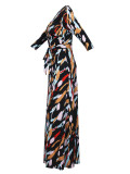 Spring & Autumn Women's Fashion Elegant Wrap V-Neck Half-Sleeve Print Belt Maxi Dress