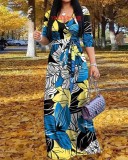 Spring & Autumn Women's Fashion Elegant Wrap V-Neck Half-Sleeve Print Belt Maxi Dress