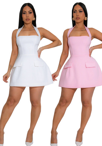 Summer Fashion Chic Strapless Halter Neck Low Back Short Dress