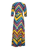 Spring & Autumn Women's Fashion Elegant Wrap V-Neck Half-Sleeve Print Belt Maxi Dress