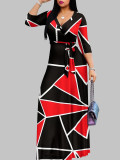 Spring & Autumn Women's Fashion Elegant Wrap V-Neck Half-Sleeve Print Belt Maxi Dress
