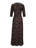 Spring & Autumn Women's Fashion Elegant Wrap V-Neck Half-Sleeve Print Belt Maxi Dress