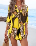 Spring & Autumn Fashion Print V-Neck Side Drawstring Short Dress