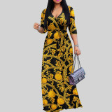 Spring & Autumn Women's Fashion Elegant Wrap V-Neck Half-Sleeve Print Belt Maxi Dress