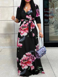 Spring & Autumn Women's Fashion Elegant Wrap V-Neck Half-Sleeve Print Belt Maxi Dress