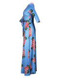 Spring & Autumn Women's Fashion Elegant Wrap V-Neck Half-Sleeve Print Belt Maxi Dress