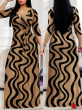 Spring & Autumn Women's Fashion Elegant Wrap V-Neck Half-Sleeve Print Belt Maxi Dress